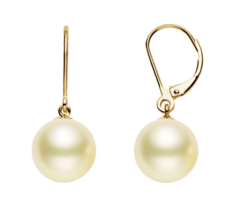 9mm Cream South Sea Cultured Pearl Dangle Earrings AAA Quality 14k Yellow Gold Leverback