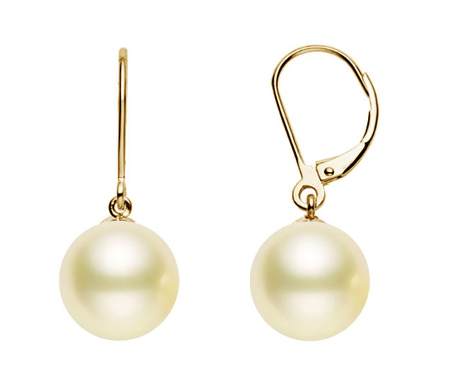 9mm Cream South Sea Cultured Pearl Dangle Earrings AAA Quality 14k Yellow Gold Leverback