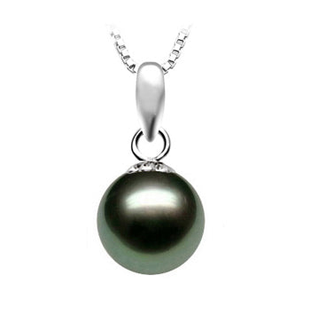 8-10.5mm AAA Quality Black Tahitian Pearl Pendant 14k White Gold