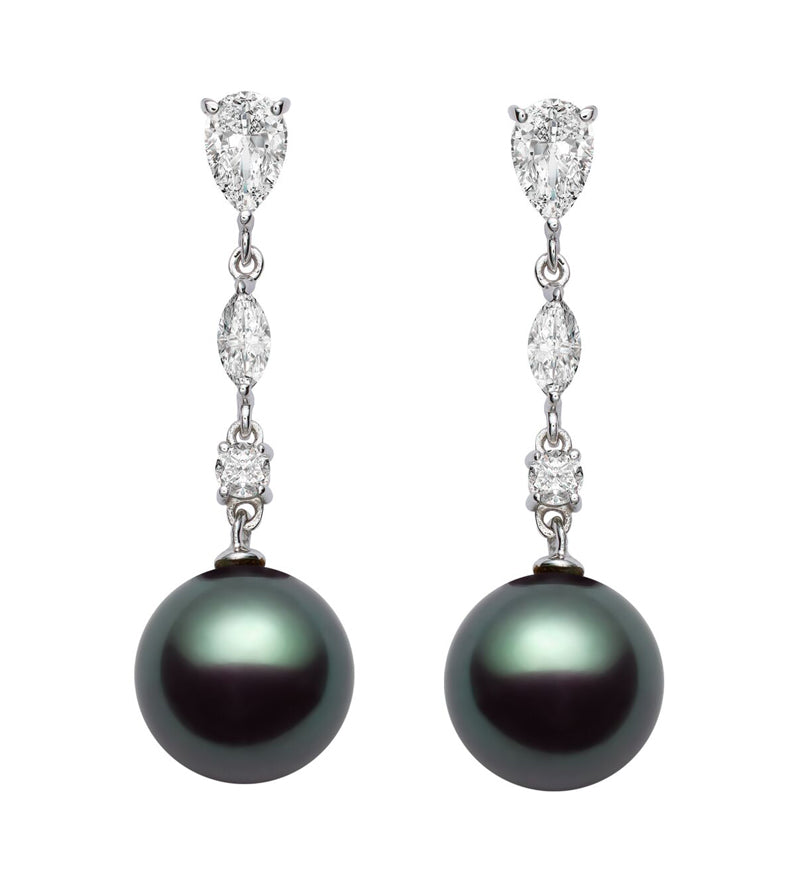 10-13mm AA+ Quality Black Tahitian Pearl Earrings 14K White Gold and White Sapphires
