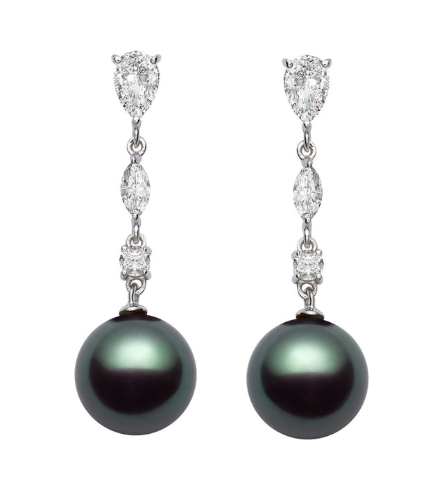 10-13mm AA+ Quality Black Tahitian Pearl Earrings 14K White Gold and White Sapphires
