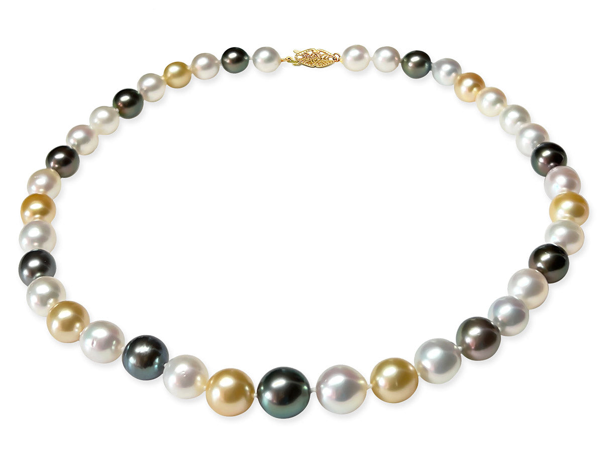 9-12mm Multicolor Tahitian and South Sea Cultured Pearl Necklace AA+ Quality 14k Yellow Gold Clasp, 18"
