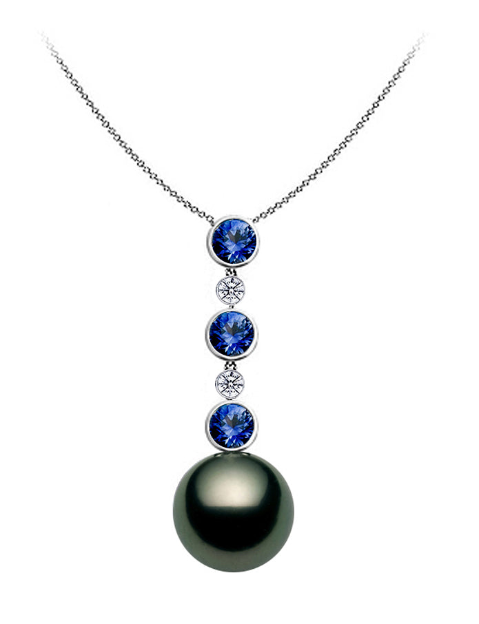 AAA Quality Tahitian Pearl Pendant 14k White Gold with Diamonds and Sapphires