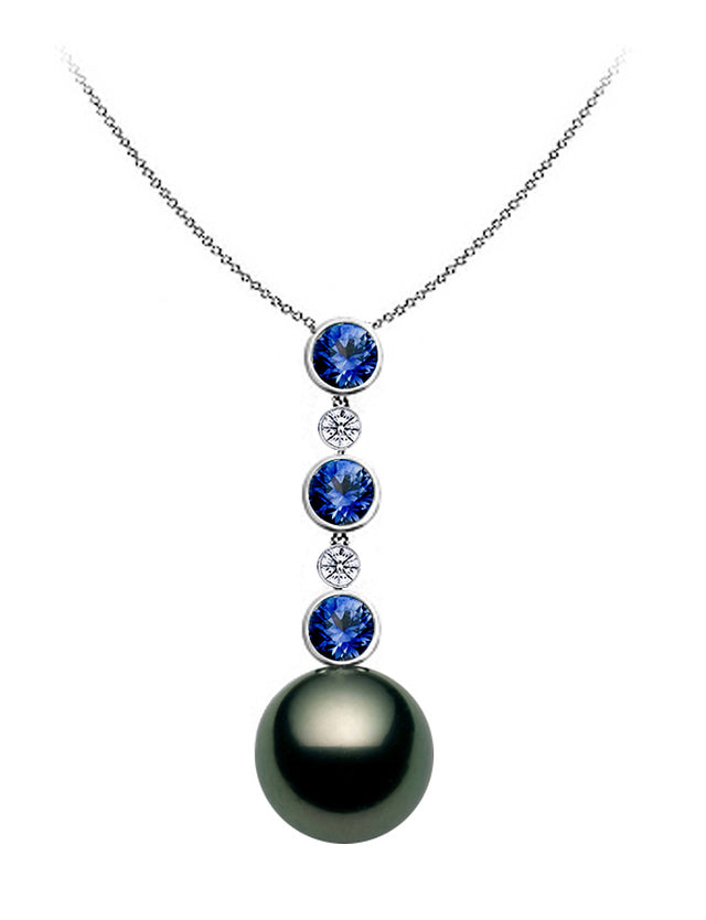 AAA Quality Tahitian Pearl Pendant 14k White Gold with Diamonds and Sapphires