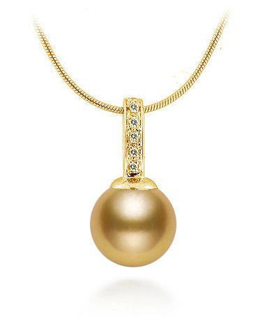 10-12mm Golden South Sea Cultured Pearl Pendant AAA Quality 14k Gold & Diamonds