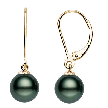 10-13mm AA+ Quality Black Tahitian Pearl Earrings 14K Yellow Gold