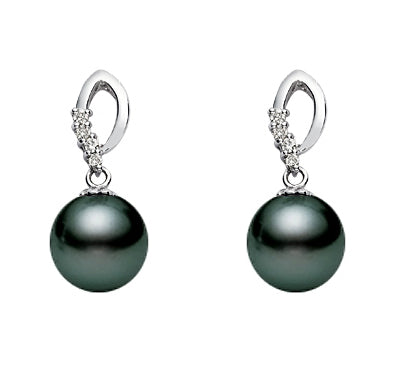 10-13mm AA+ Quality Black Tahitian Pearl Earrings 14K Gold and Diamonds