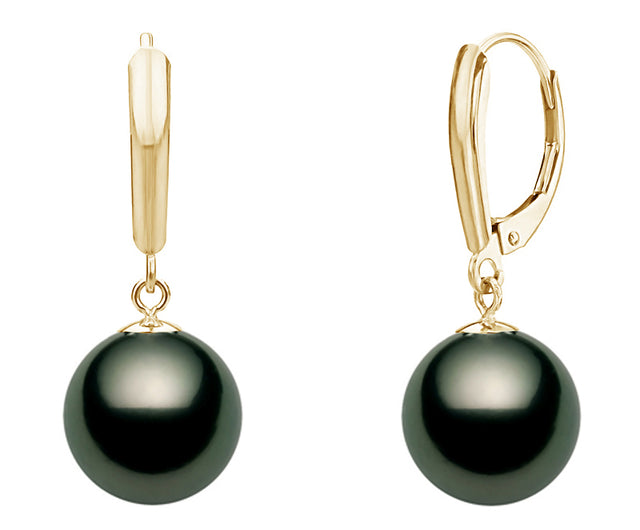 10-13mm AA+ Quality Black Tahitian Pearl Earrings 14K Yellow Gold