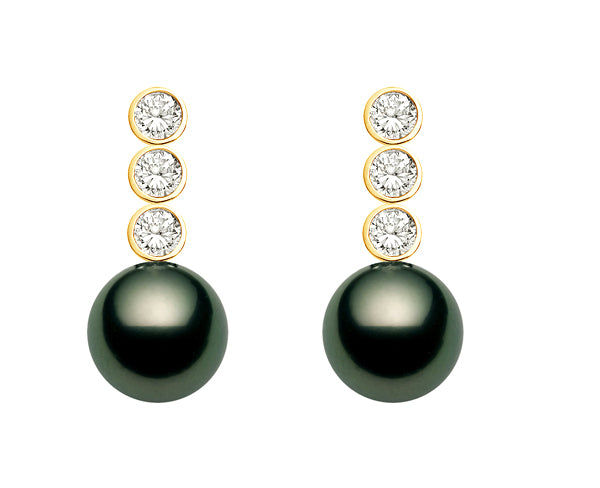 10-13mm AA+ Quality Black Tahitian Pearl Earrings 18K Yellow Gold and Diamonds