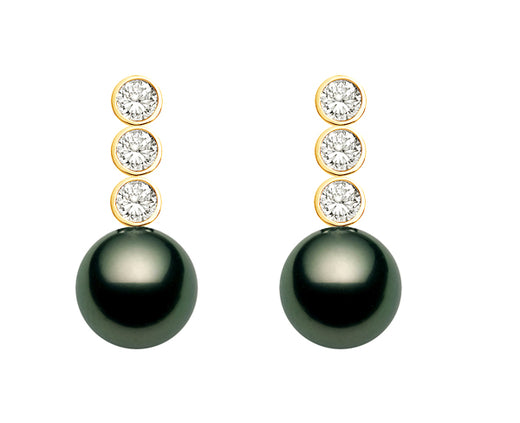 10-13mm Black Tahitian Pearl Earrings AA+ Quality 18k Yellow Gold & Diamonds