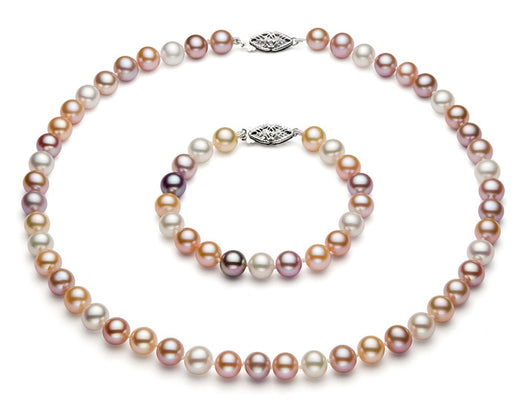 7-7.5mm Multicolor Freshwater Pearl Set AA+ Quality in Sterling SIlver Clasps