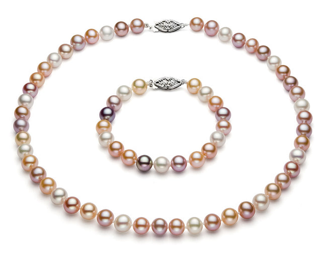 7-7.5mm Multicolor Freshwater Pearl Set AA+ Quality in Sterling SIlver Clasps