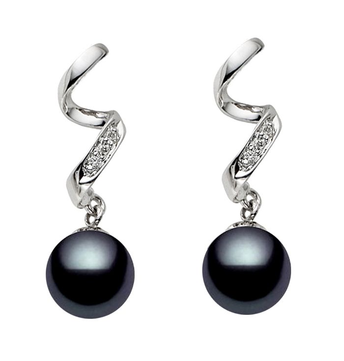 Black Freshwater Pearl Earrings AAA Quality 14k Gold & Diamonds