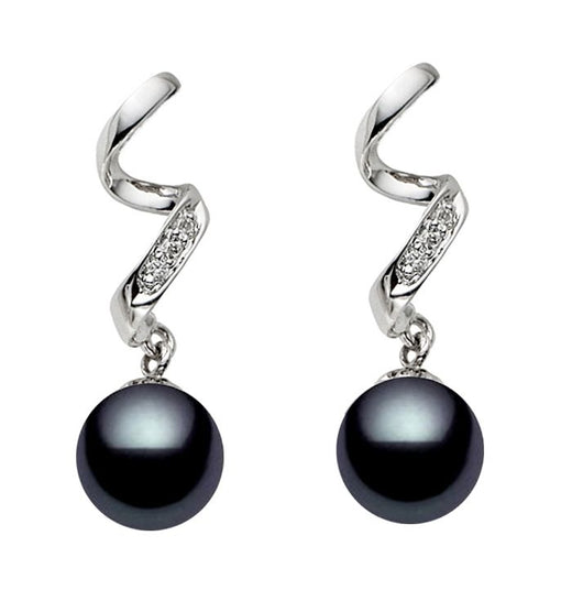 Black Freshwater Pearl Earrings AAA Quality 14k Gold & Diamonds