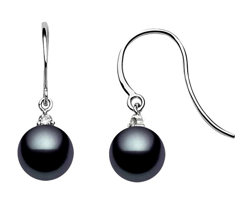 Black Freshwater Pearl Earrings AAA Quality 14k Gold & Diamonds