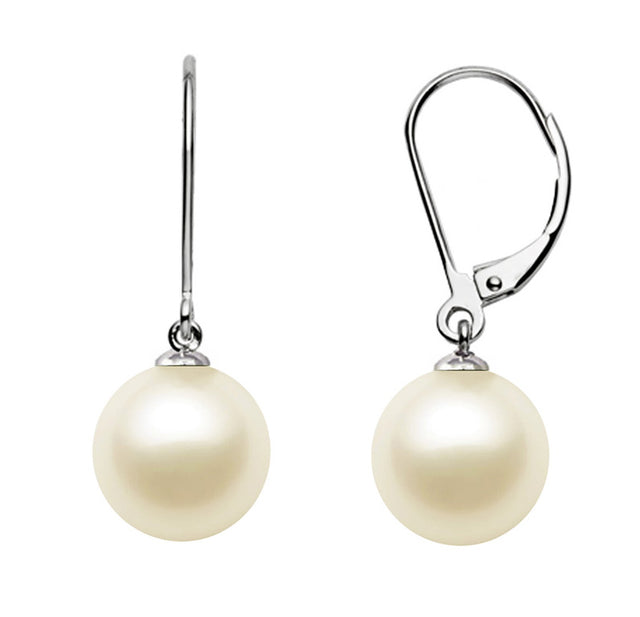 Cream Japanese Akoya Cultured Pearl Dangle Earrings with Leverbacks AAA Quality Sterling Silver