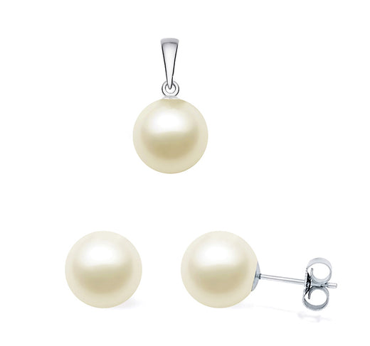 6.5-7.5mm Cream Japanese Akoya Cultured Pearl Set AAA Quality Sterling Silver