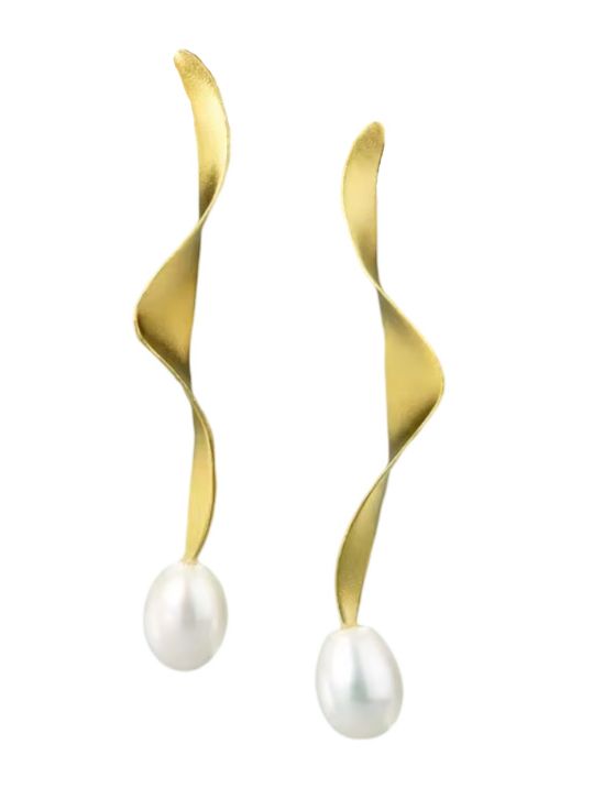 Designer Dangle Earrings with White Freshwater Cultured Pearl in Yellow Gold Plated 925 Sterling Silver