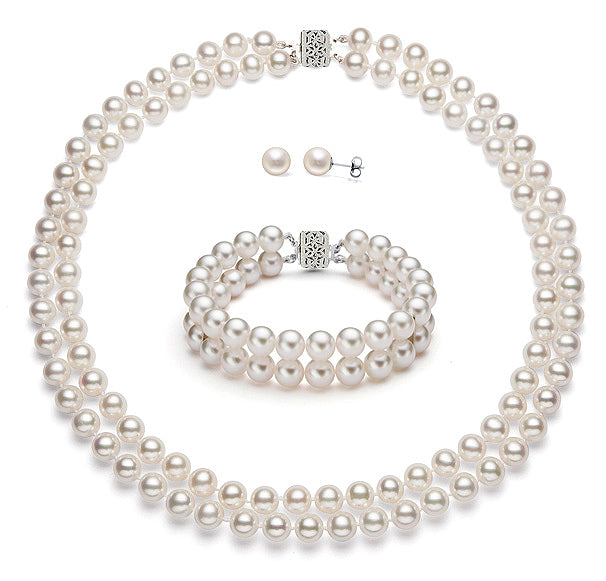 Double Strand White Freshwater Pearl Set AAA Quality 14K Gold