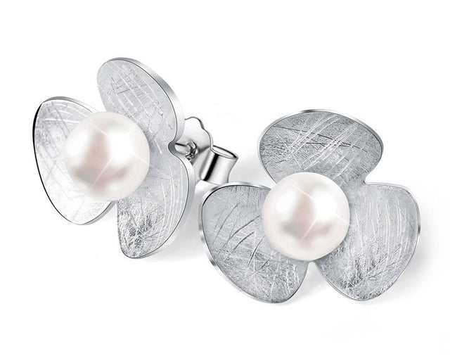 Elegant Designer Flower Earrings with White Freshwater Cultured Pearl in 925 Sterling Silver