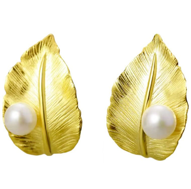 Designer Leaf Earrings with White Freshwater Cultured Pearl in Yellow Gold Plated 925 Sterling Silver