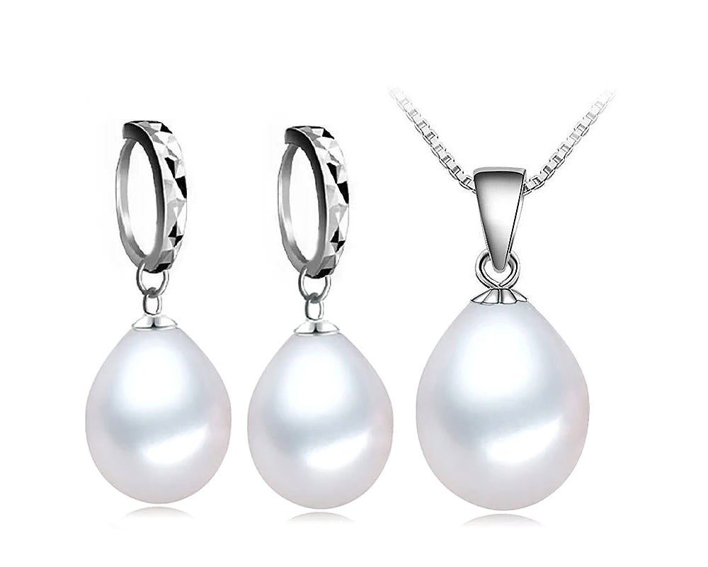 Elegant White Freshwater Cultured Pearl Pendant and Earrings Set Drop Shaped AAA Quality Sterling Silver