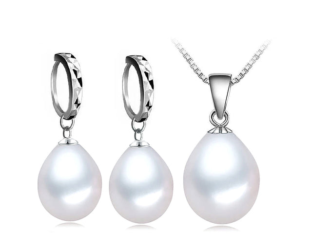 Elegant White Freshwater Cultured Pearl Pendant and Earrings Set Drop Shaped AAA Quality Sterling Silver