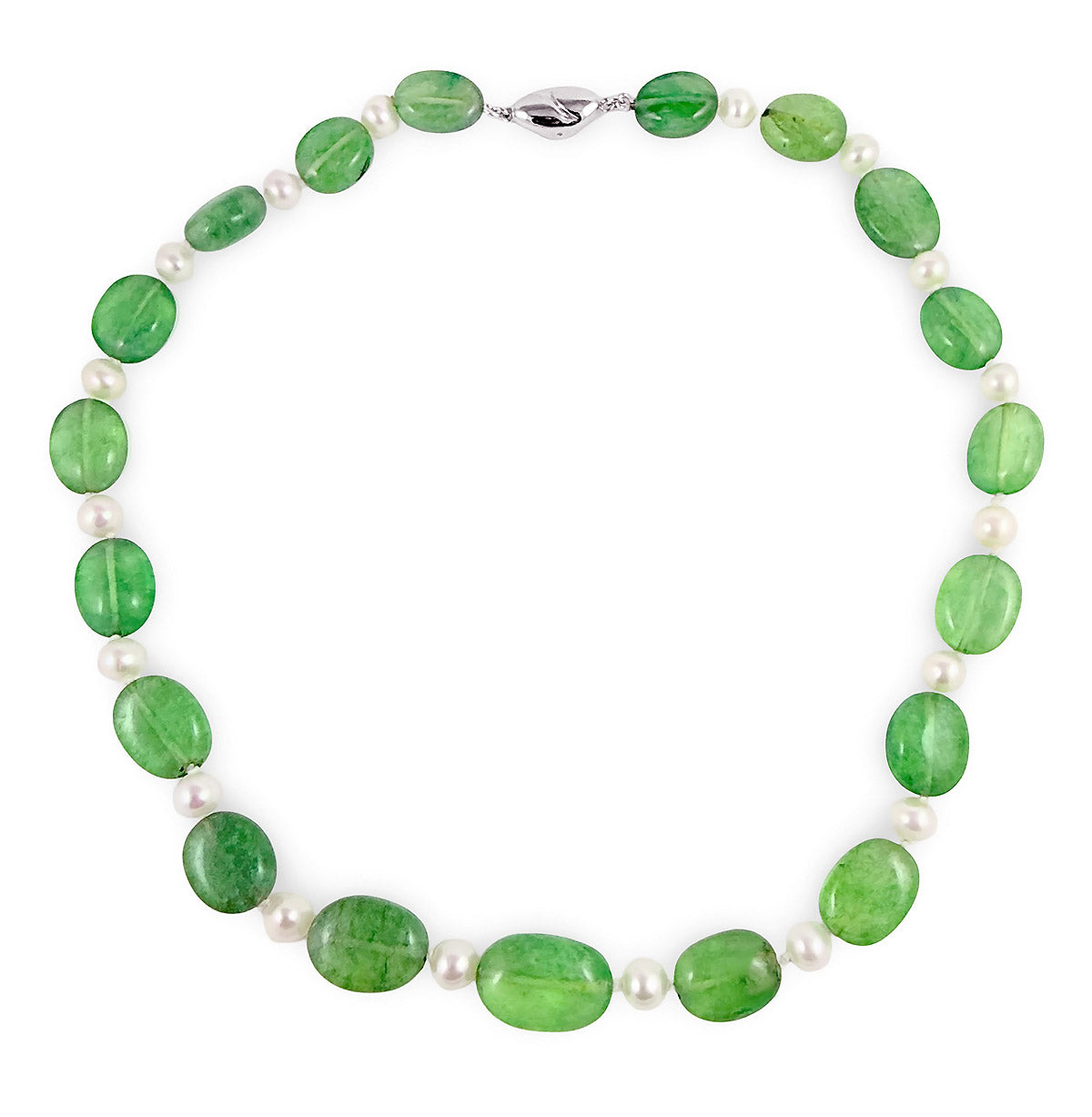 Green Crystal and White Freshwater Pearl Necklace 17" with a Stylish Sterling Silver Clasp