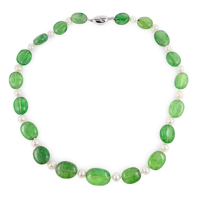 Green Crystal and White Freshwater Pearl Necklace 17" with a Stylish Sterling Silver Clasp