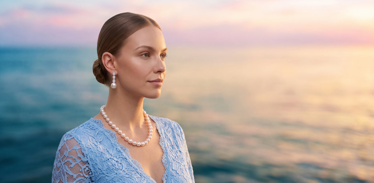 White Akoya pearl necklace and drop earrings
