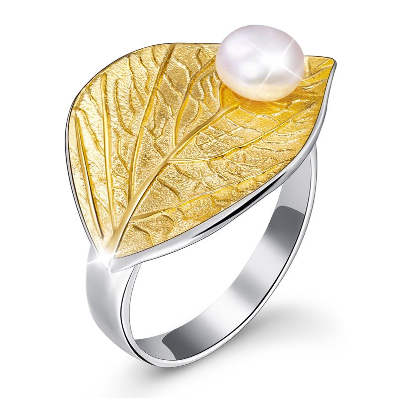 Stunning Yellow Gold Plated Leaf Ring with Freshwater Cultured Pearl in 925 Sterling Silver Adjustable Ring Size