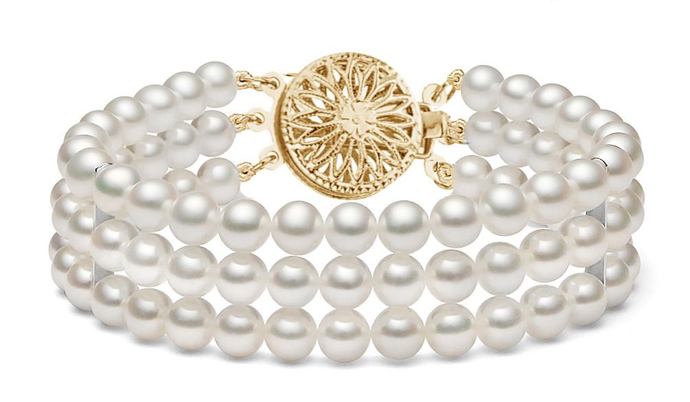 5-6mm Triple Strand White Freshwater Cultured Pearl Bracelet AAA Quality 14k Yellow Gold 7"