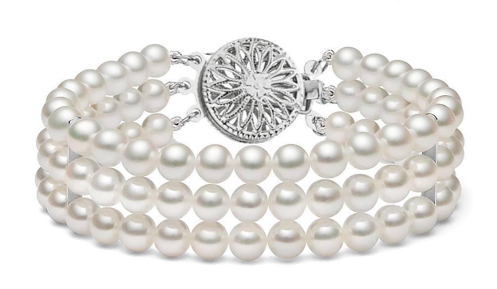 Triple Strand White Freshwater Cultured Pearl Bracelet 5.5-8mm 7"