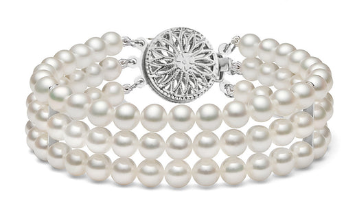 Triple Strand White Freshwater Cultured Pearl Bracelet 5.5-8mm 7"