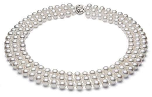 Triple Strand White Freshwater Pearl Necklace AA+ Quality
