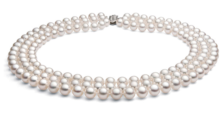 Triple Strand White Freshwater Pearl Necklace AAA Quality