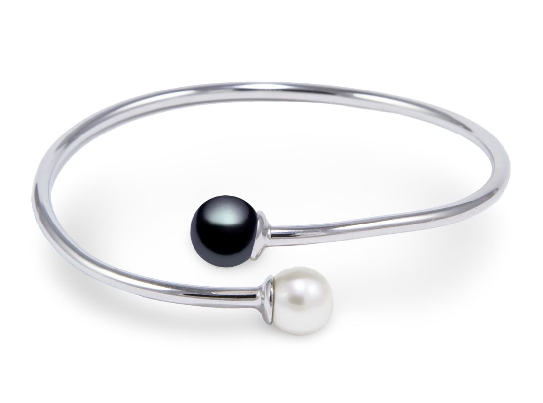White and Black Freshwater Cultured Pearl Bangle Bracelet AA+ Quality in Sterling Silver