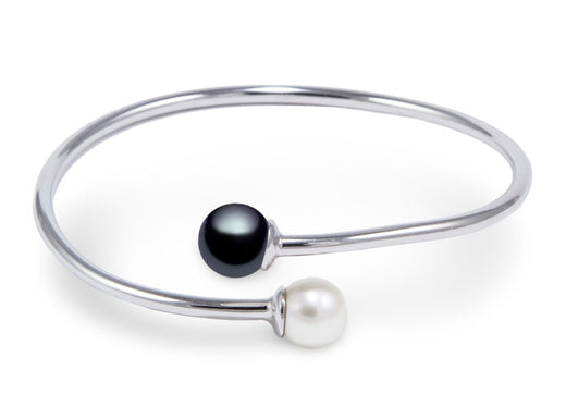 White and Black Freshwater Cultured Pearl Bangle Bracelet AA+ Quality in Sterling Silver