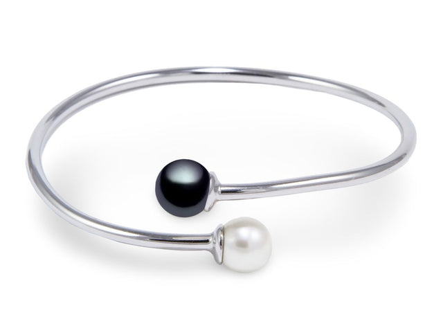 White and Black Freshwater Cultured Pearl Bangle Bracelet AA+ Quality in Sterling Silver