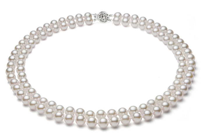 White Double Strand Cultured Akoya Pearl Necklace 5-9mm