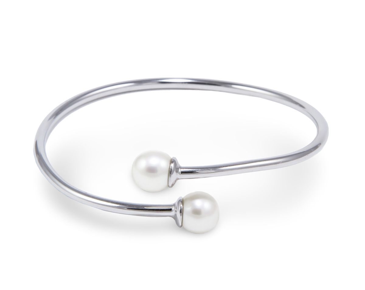 White Freshwater Cultured Pearl Bangle Bracelet AA+ Quality in Sterling Silver