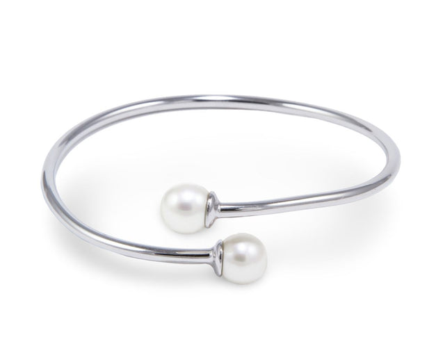 White Freshwater Cultured Pearl Bangle Bracelet AA+ Quality in Sterling Silver