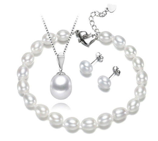 White Freshwater Cultured Pearl Bracelet Pendant and Earrings Set AAA Quality with Heart Shaped Sterling Silver Clasp