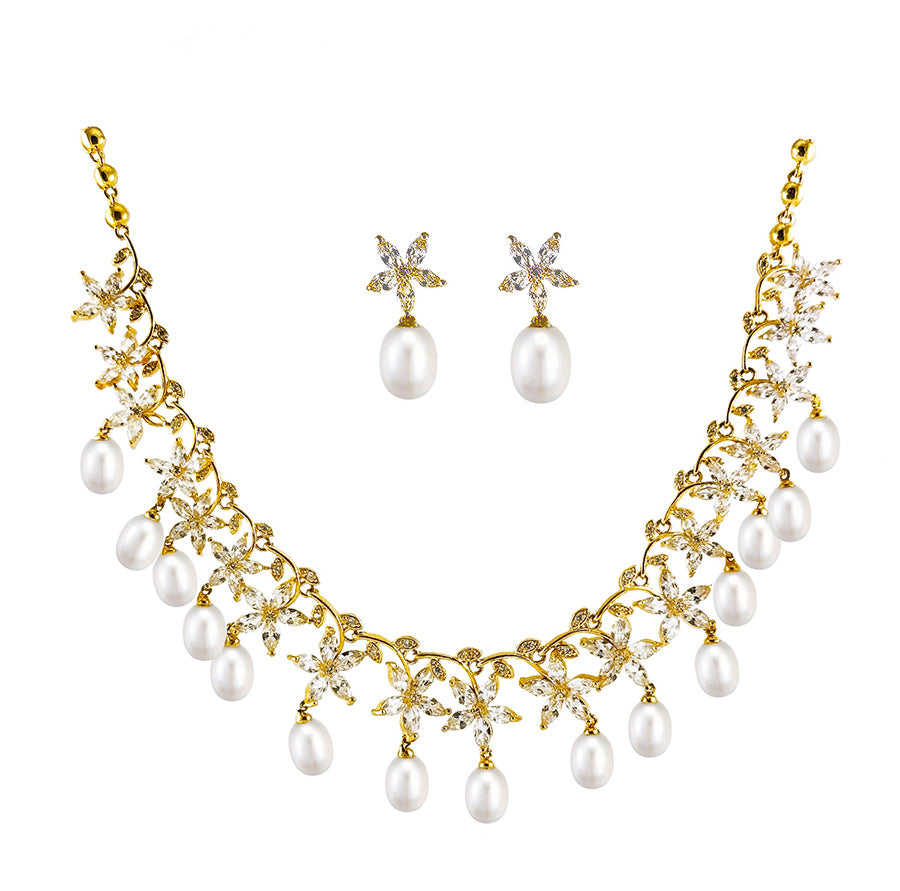 White Freshwater Cultured Pearl Necklace and Earrings Set AAA Quality Yellow Gold Plated Sterling Silver