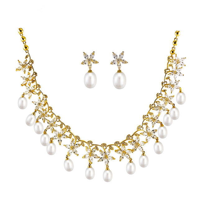 White Freshwater Cultured Pearl Necklace and Earrings Set AAA Quality Yellow Gold Plated Sterling Silver