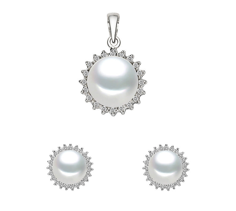 White Freshwater Cultured Pearl Pendant and Earrings Set AAA Quality Sterling Silver