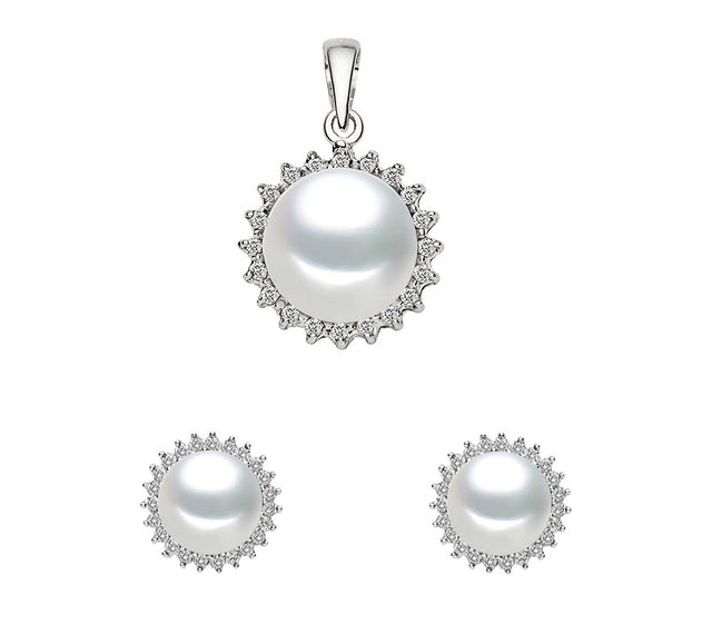 White Freshwater Cultured Pearl Pendant and Earrings Set AAA Quality Sterling Silver