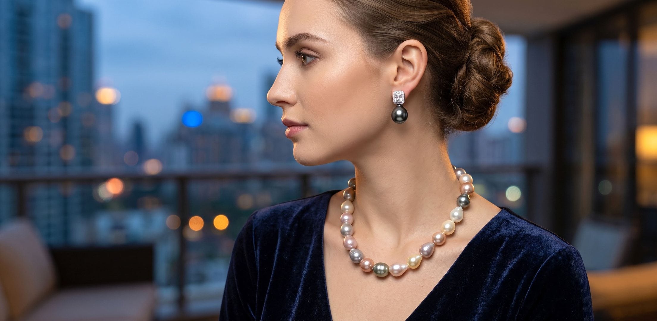 Multicolor pearl necklace and Tahitian drop earrings